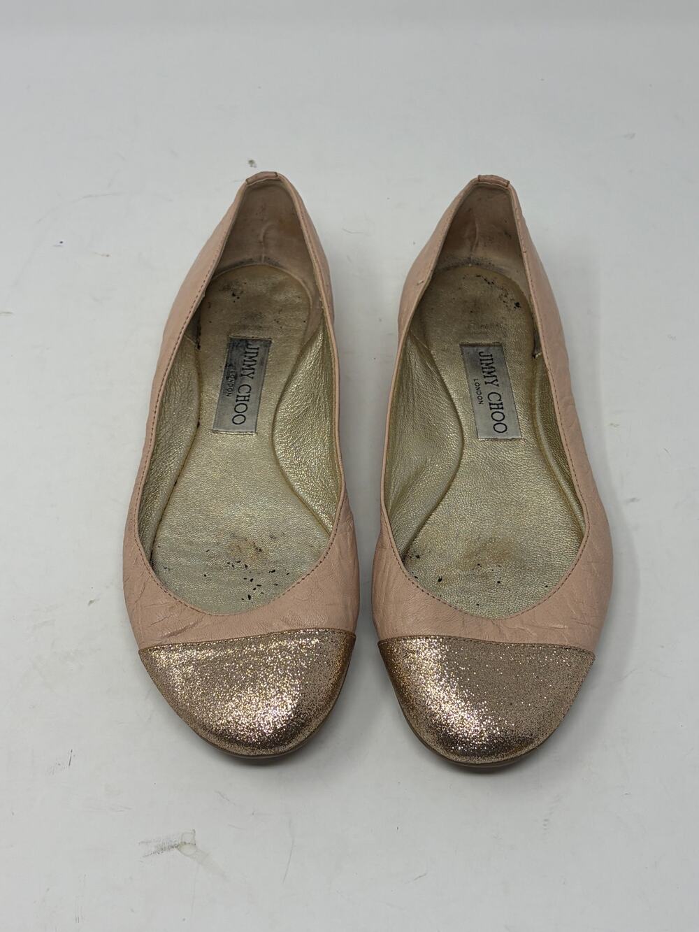 Jimmy Choo ballet flats 37 cap toe pink gold leather *flaws*